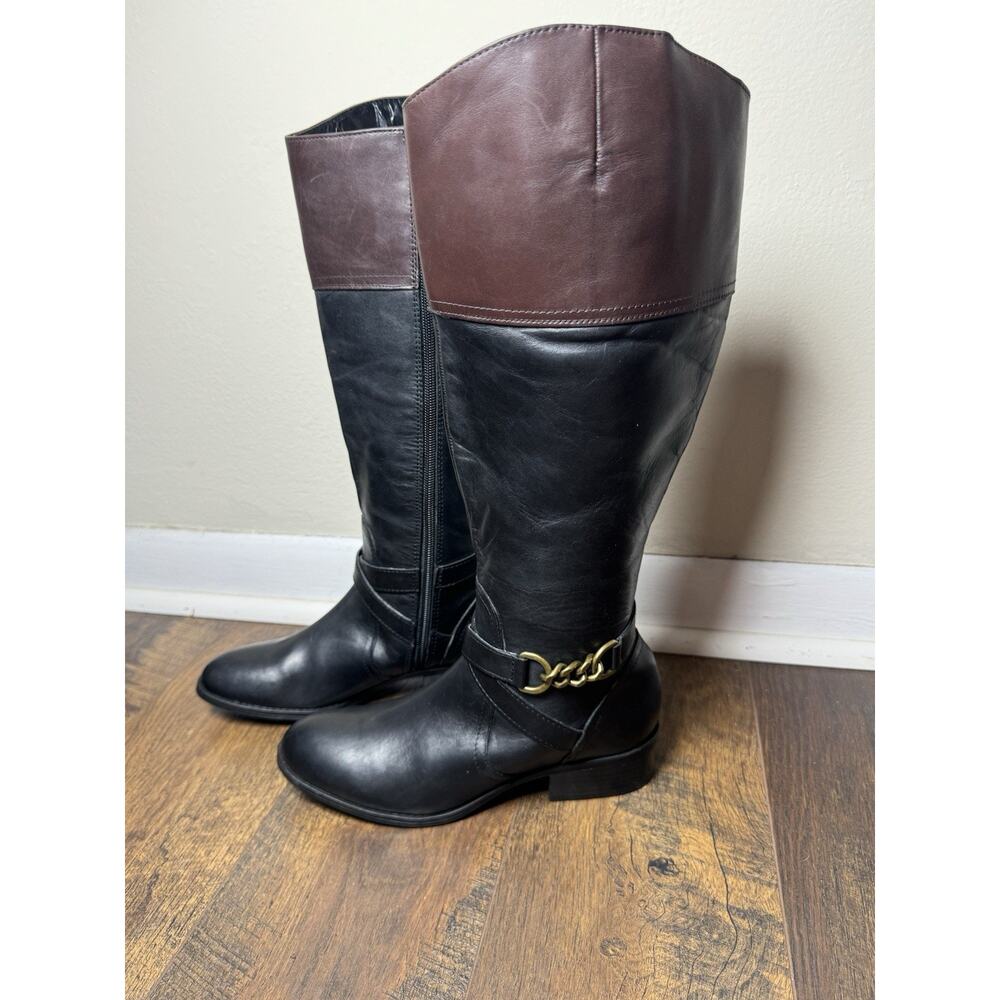 Ralph Lauren Menna Black Brown Leather Riding Boots Women 7B Two Tone Gold Ware